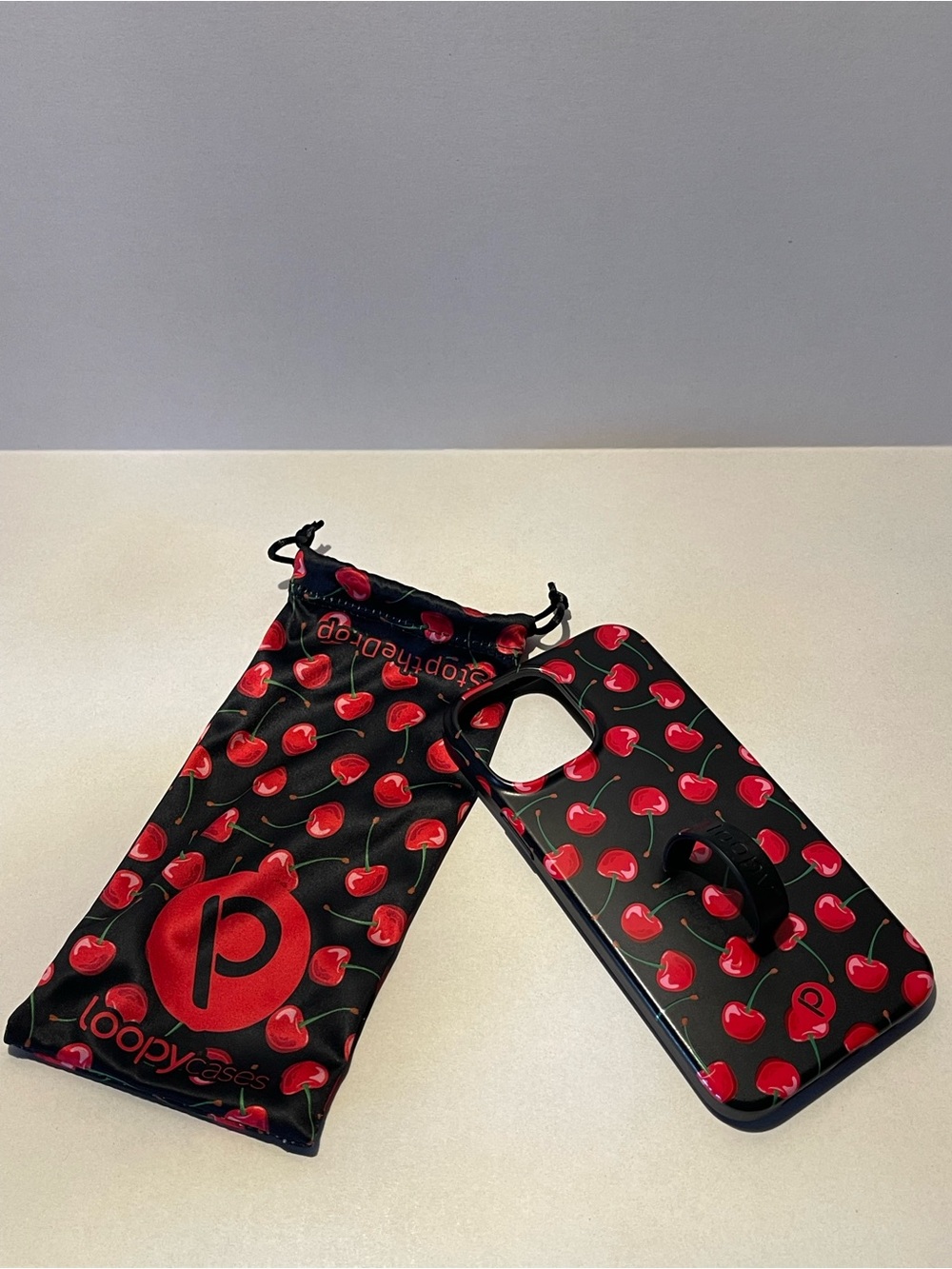 Loopy Case Black Phone Case with Red Cherry Pouch 13 PRO MAX